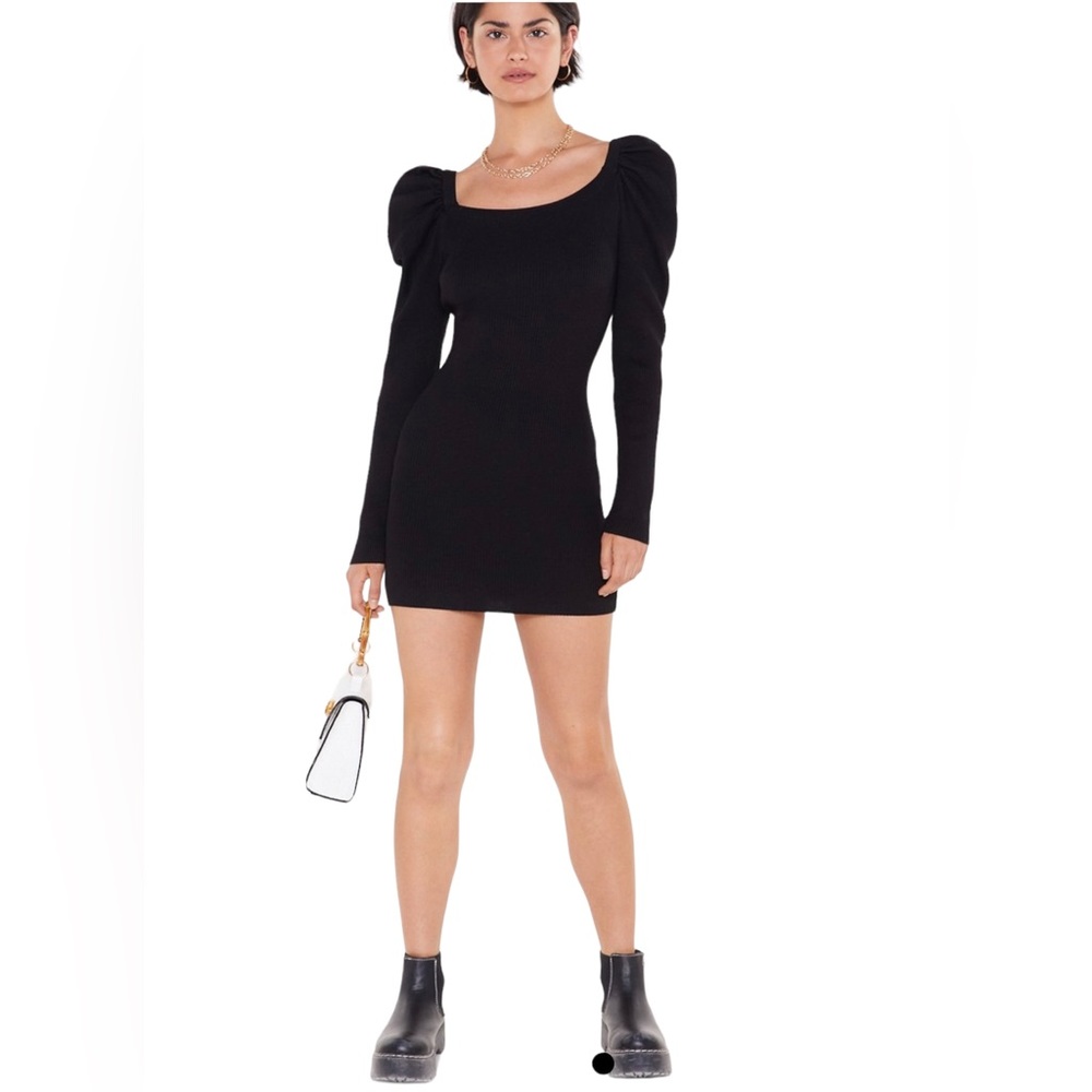 NASTY GAL Puff Sleeve Ribbed Mini Dress Black Large New With Tags